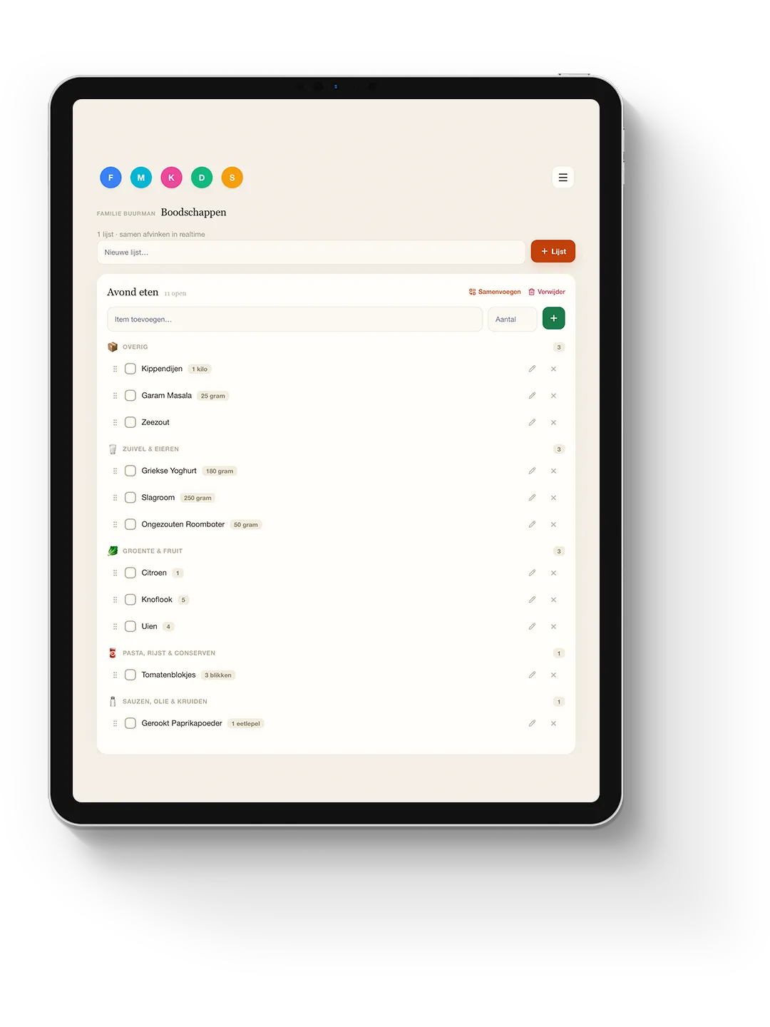 De gedeelde boodschappenlijst in Family Planner op een iPad