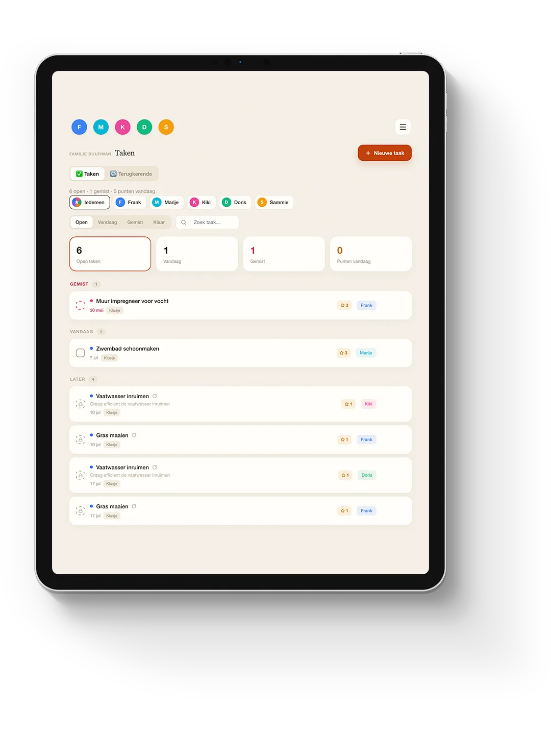 De takenlijst van het gezin in Family Planner op een iPad