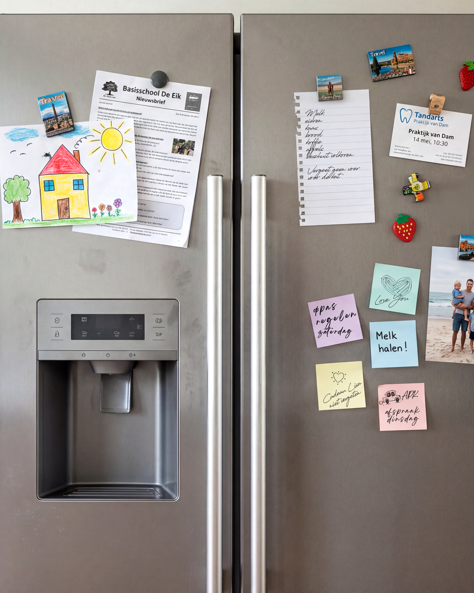 Koelkast met losse post-its, briefjes en notities